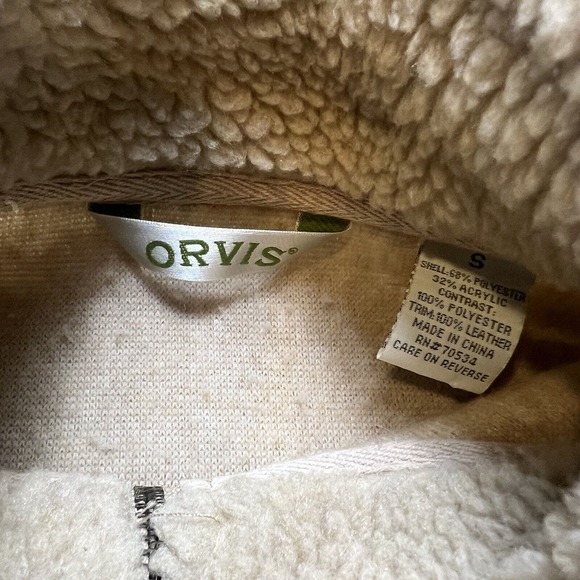 Orvis Jacket Sherpa Fleece Tan Brown Elbow Patch Leather Trim Small - Picture 8 of 14